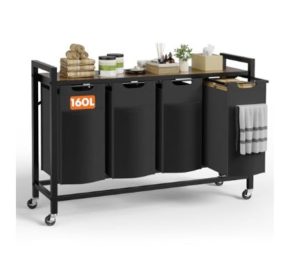 Laundry Hamper With 4 Pull-Out Removable Laundry Bags Clothing Sorter With Shelf And Wheels